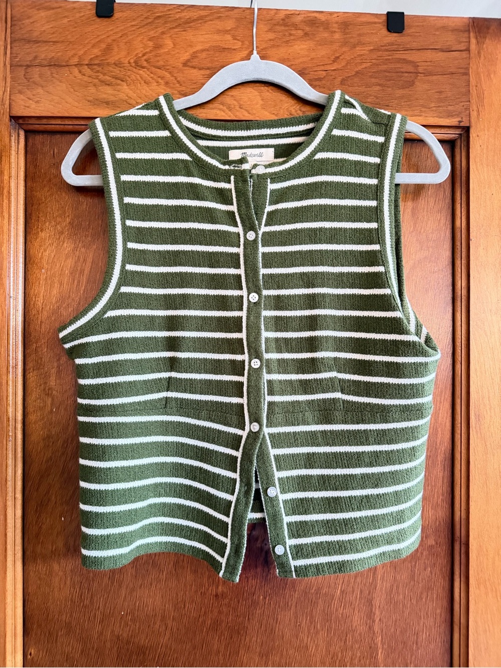Madewell Olive Green & White Striped Button-Front Knit Vest
